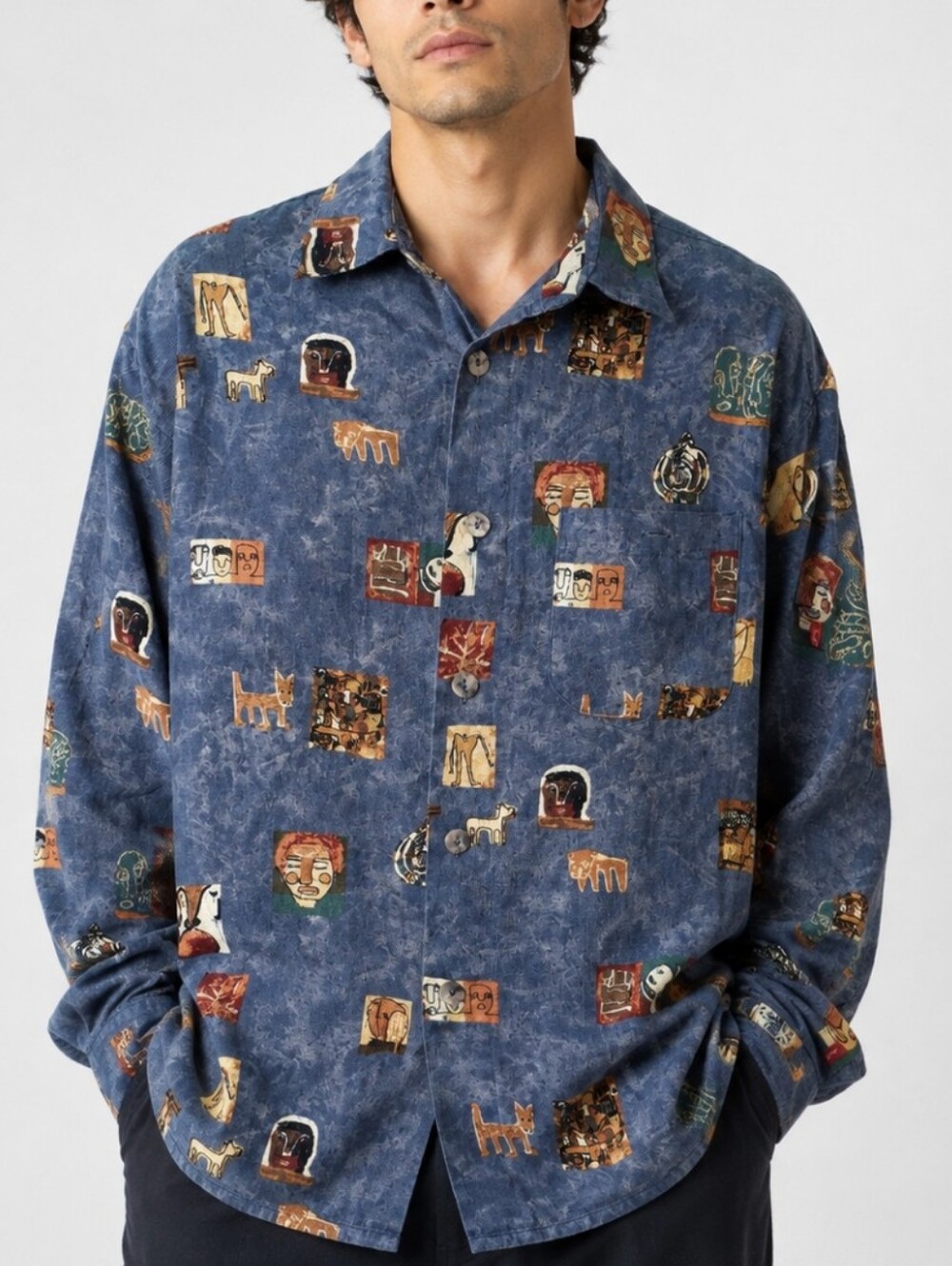 Signum Men’s Blue Abstract Folk Art Print Long Sleeve Button Shirt Large Cotton